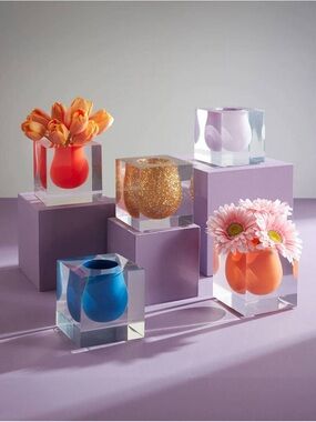 Jonathan Adler Bel Air Mini Scoop Vase Orange Acrylic Cube Modern Decor 11"